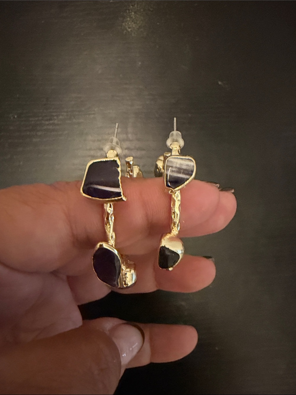Turkish Gold-Tone Hoop Earrings with Black and Purple Stones